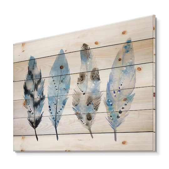 Designart - Blue Boho Feathers I - Bohemian & Eclectic Print on Natural Pine Wood
